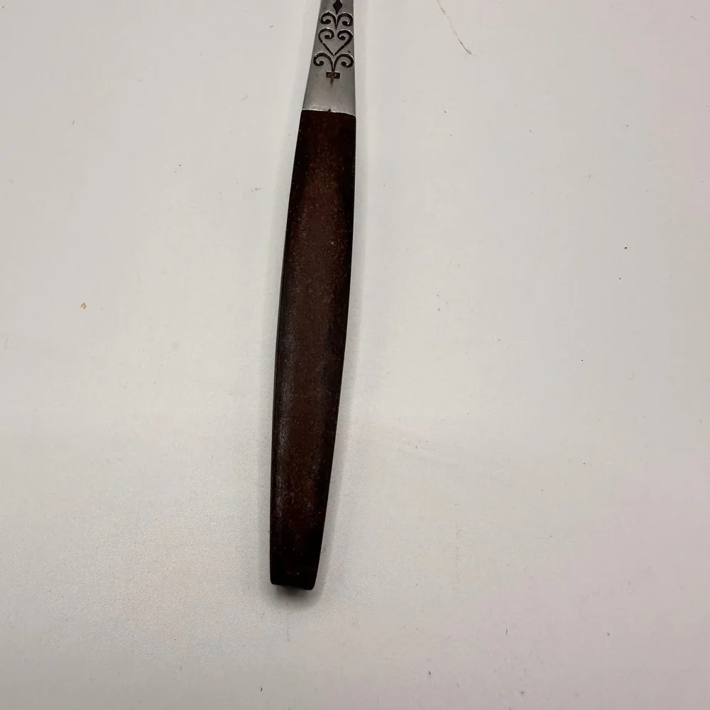 Vintage Interpur Stainless Steel Salad Fork Wood Scroll Heart Pattern Japan
